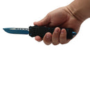 Automatic OTF knife belt clip blue anodized in hand
