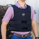 Ballistic vest modeled and shown worn for personal protection.
