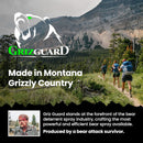 Hikers on a trail with Griz Guard branding and text about the brand's origin and product features.