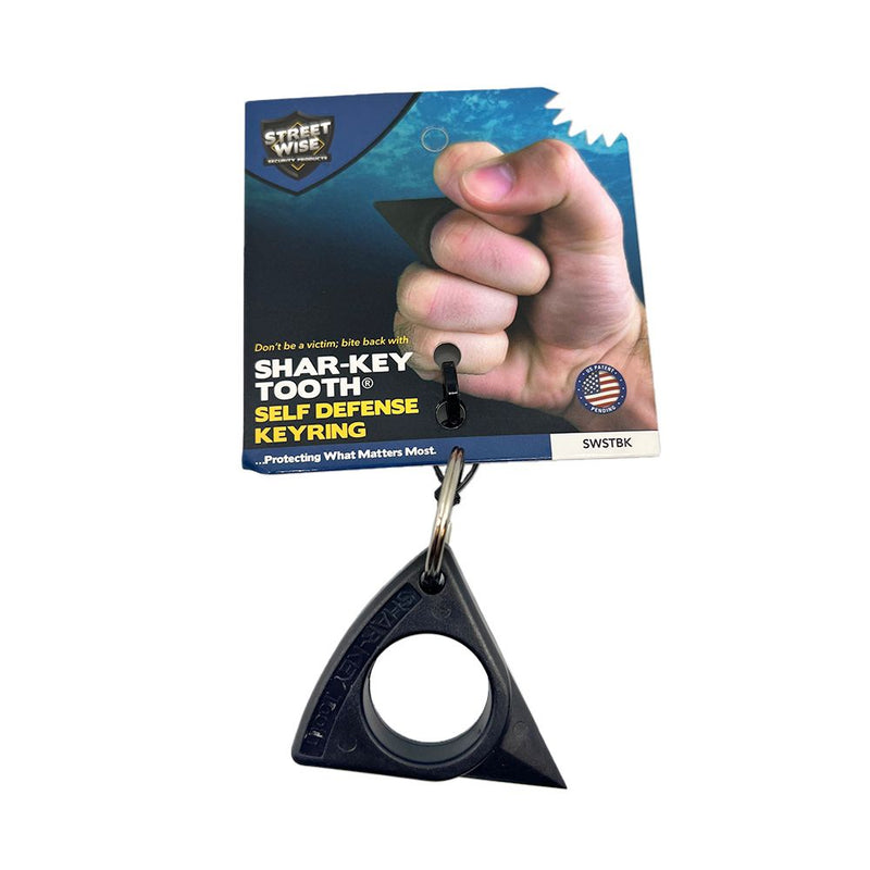 The Streetwise Sahr-Key tooth keychain for self defense protection. manufacturer packaging.