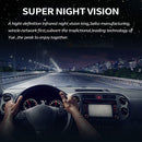 Dash camera with night vision feature on a dark road with city lights.