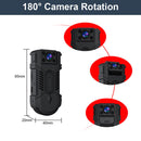Black camera with 180-degree rotation feature and measurements on a white background