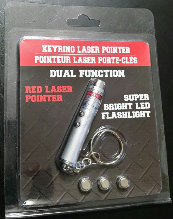 Dual Function Red Laser Pointer/Bright LED Flashlight with Keyring & Batteries