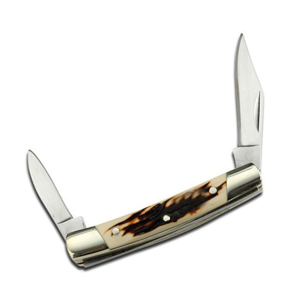 Small sized pocket knife with simulated stag bone handle.