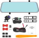 Car dash camera kit with mirror, camera, cables, and installation parts.
