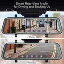 Smart car rearview mirror displaying driving and reversing angles with a clear view of the road.