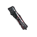 OTF automatic knife with dagger blade flag handle closed position