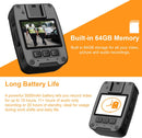 Body camera video recorder with 64GB memory and long battery life on an orange and white background