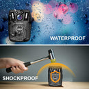 Rexing body camera with waterproof and shockproof features shown against water droplets and a hammer.