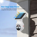 Solar-powered security camera on a wall.