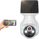 Solar-powered security camera with a smartphone displaying a video feed.