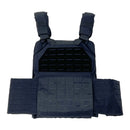 Black tactical vest platte carrier with multiple straps and pouches back view.