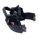 Black tactical vest platte carrier with multiple straps and pouches open view.