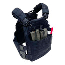 Black tactical vest platte carrier with multiple straps side view with mags.