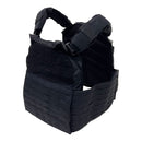 Black tactical vest platte carrier with multiple straps and pouch side view.