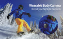 Person snowboarding with a wearable body camera attached, set against a snowy landscape.