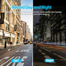 Comparison of a city street during day and night with text about camera capabilities.