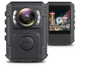 Body camera with screen displaying a cityscape on a white background