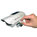 Dummy surveillance camera with solar powered light. Hinge shown.