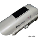 Dummy surveillance camera with solar powered light. Solar panel shown.