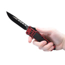 Automatic OTF knife red and black in hand
