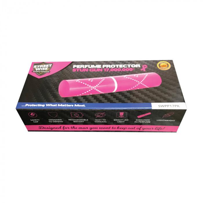 Bulk wholesale discount pricing for the disguised perfume protector stun gun offers self defense protection for women. Shown with packaging.
