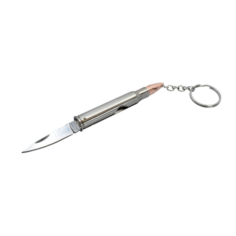 Bullet key chain with hidden knife shown in the open position.