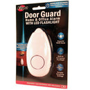 Door Guard Versatile Shock Sensor Alarm sounds loud alarm when any motion of movement of the door and knob. Shown with packaging.