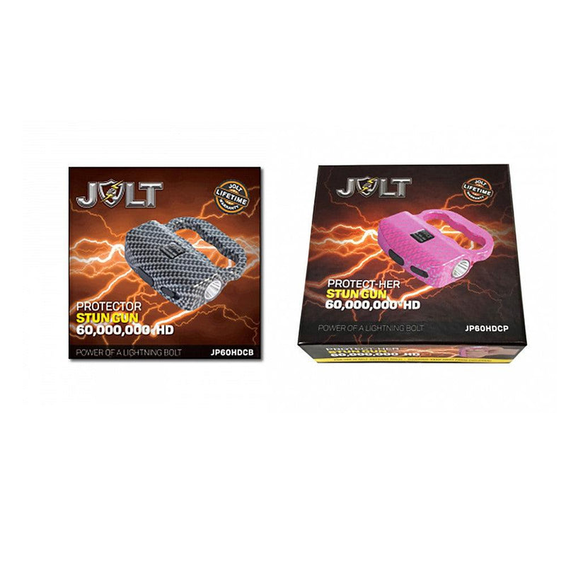 Jolt protector stun guns available in black and pink for discounted prices. Shown with packaging. Excellent for your self-defense.