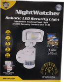 Nightwatcher robotic WIFI light with HD camera and LED Light. Shown with packaging.