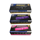 Perfume protector stun guns shown with packaging. Available in black, purple and pink colors and for discounted and bulk wholesale prices.