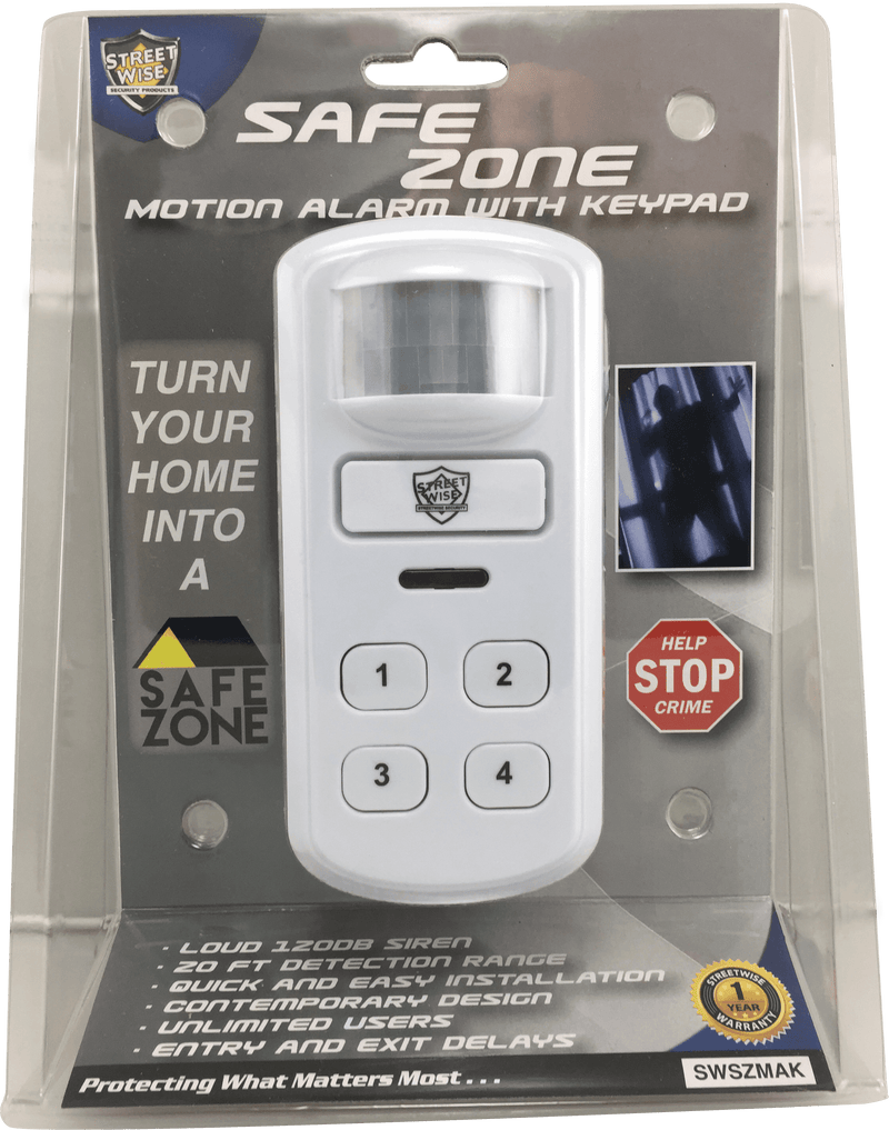 Help stop crime the Streetwise SafeZone Motion Activated Alarm with Keypad detects motion and sounds loud alarm alerting possible danger. Shown with packaging.