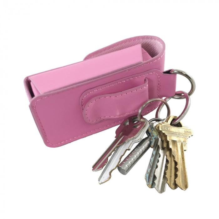 Pink stun gun holster with attached key-chain for women personal safety protection.