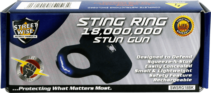 Manufacturer packaging for the Sting Ring stun gun.
