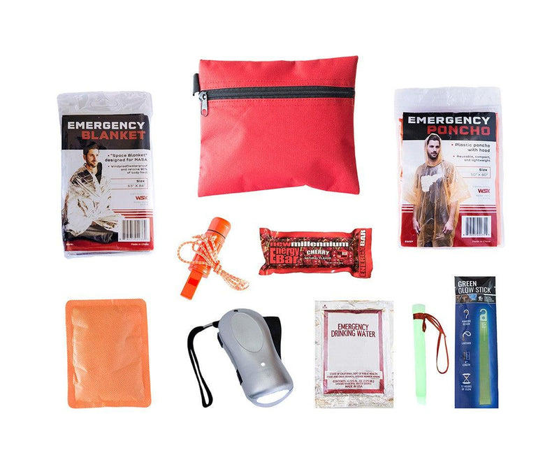 This compact child survival kit is packed neatly into a durable travel size bag. It is perfect to keep in a desk, backpack, or glovebox.