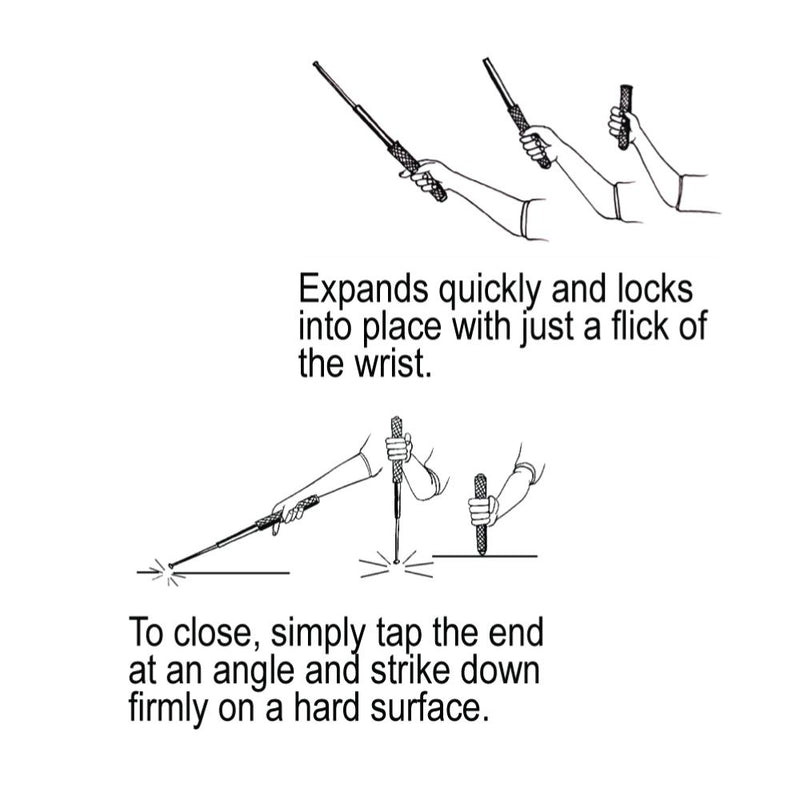 Quality hard steel baton for self defense protection diagram shows how to open and close for your safety.