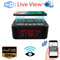 Digital clock with wireless charging pad and built-in spy surveillance camera live view on phone.