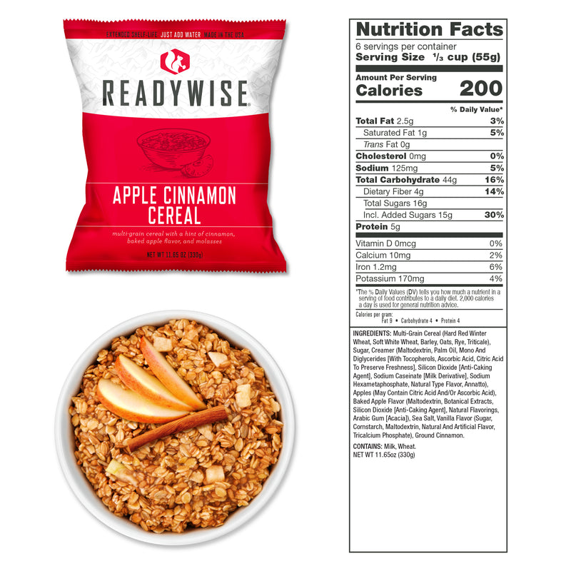 Emergency apple cinnamon cereal food packed inside sealed bag.