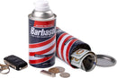 Barbasol shaving cream can with money and coins spilling out on a white background