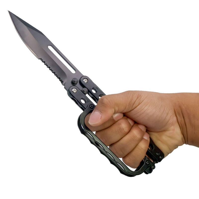 Hand holding a folding knife with a white background