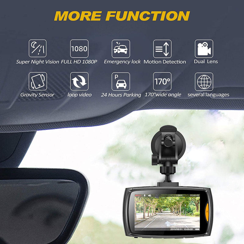 Car dashboard camera with features listed.