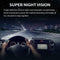 Dash camera with night vision feature on a dark road with city lights.