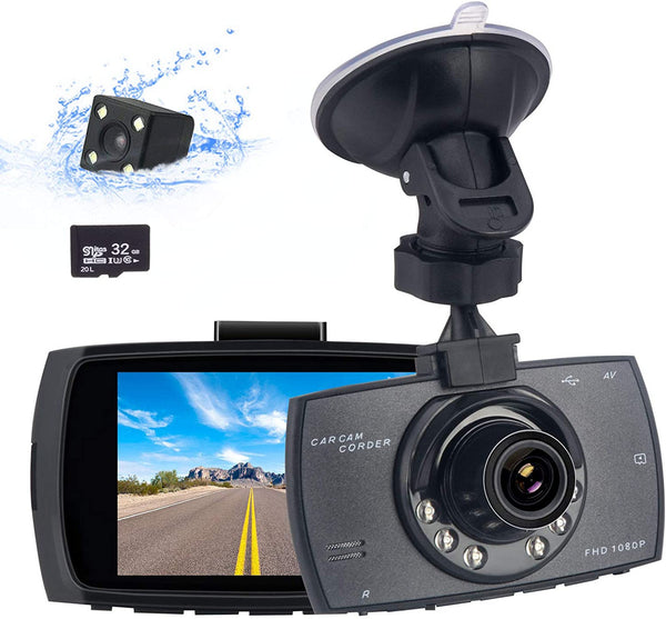Car dashboard camera with screen, suction cup, and microSD card.