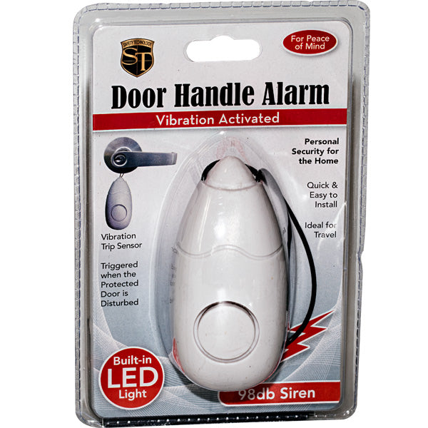 Packaging for the Portable Door Guard 98dB Alarm with Flashlight.