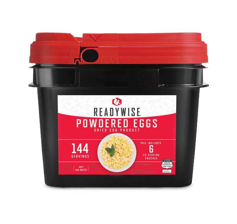 Survival food bucket includes 144 servings powdered eggs.