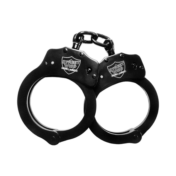 Double locking handcuffs from Streetwise Security Products are constructed from nickel-plated steel and are both durable and corrosion resistant.