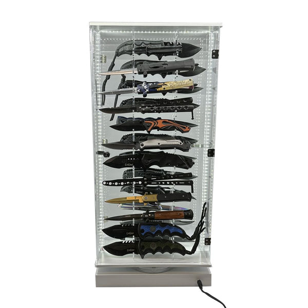 Knive rotating display box with security locks on both sides.