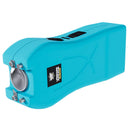 Turquoise stun gun with a brand logo on a white background