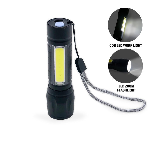 COB LED work light with zoom flashlight featured.