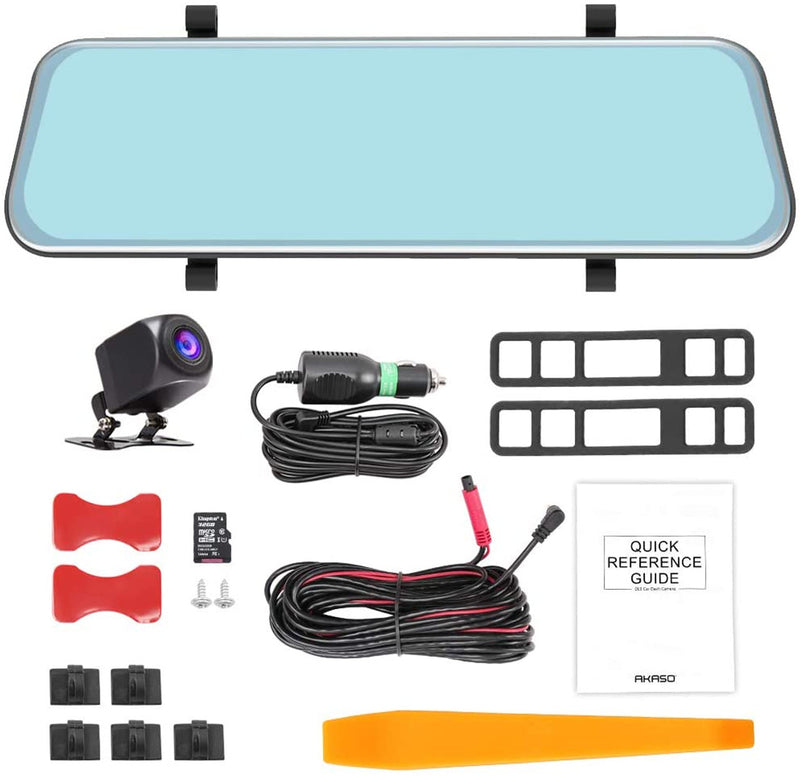 Car dash camera  kit with mirror, camera, cables, and installation parts.